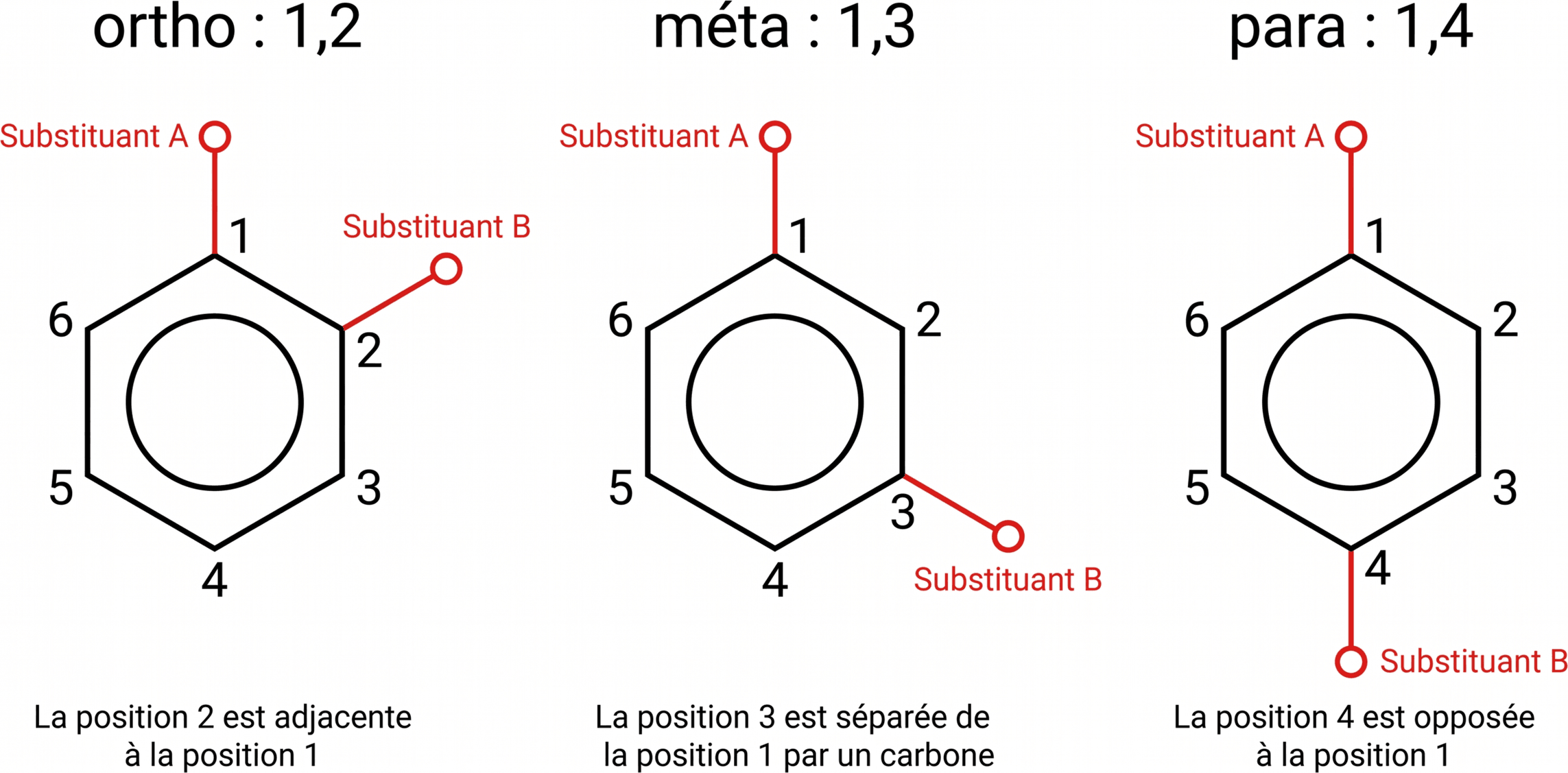 Positions ortho, méta et para sur un benzène disubstitué