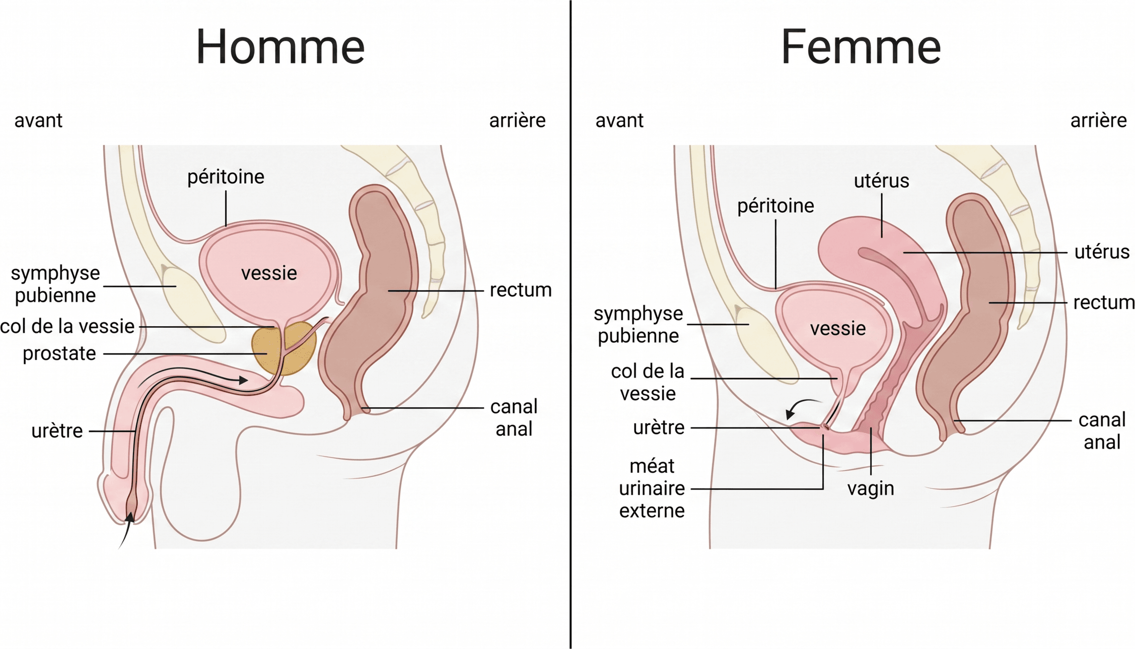 Rapports pelviens de la vessie selon le sexe