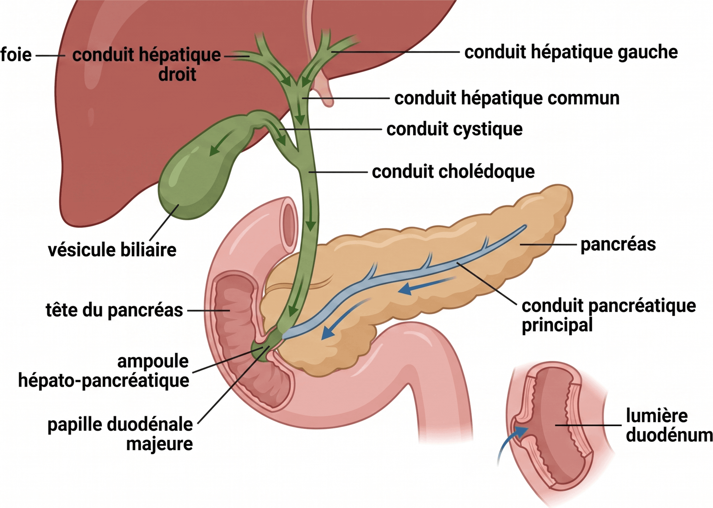 Trajet de la bile et jonction avec le conduit pancréatique