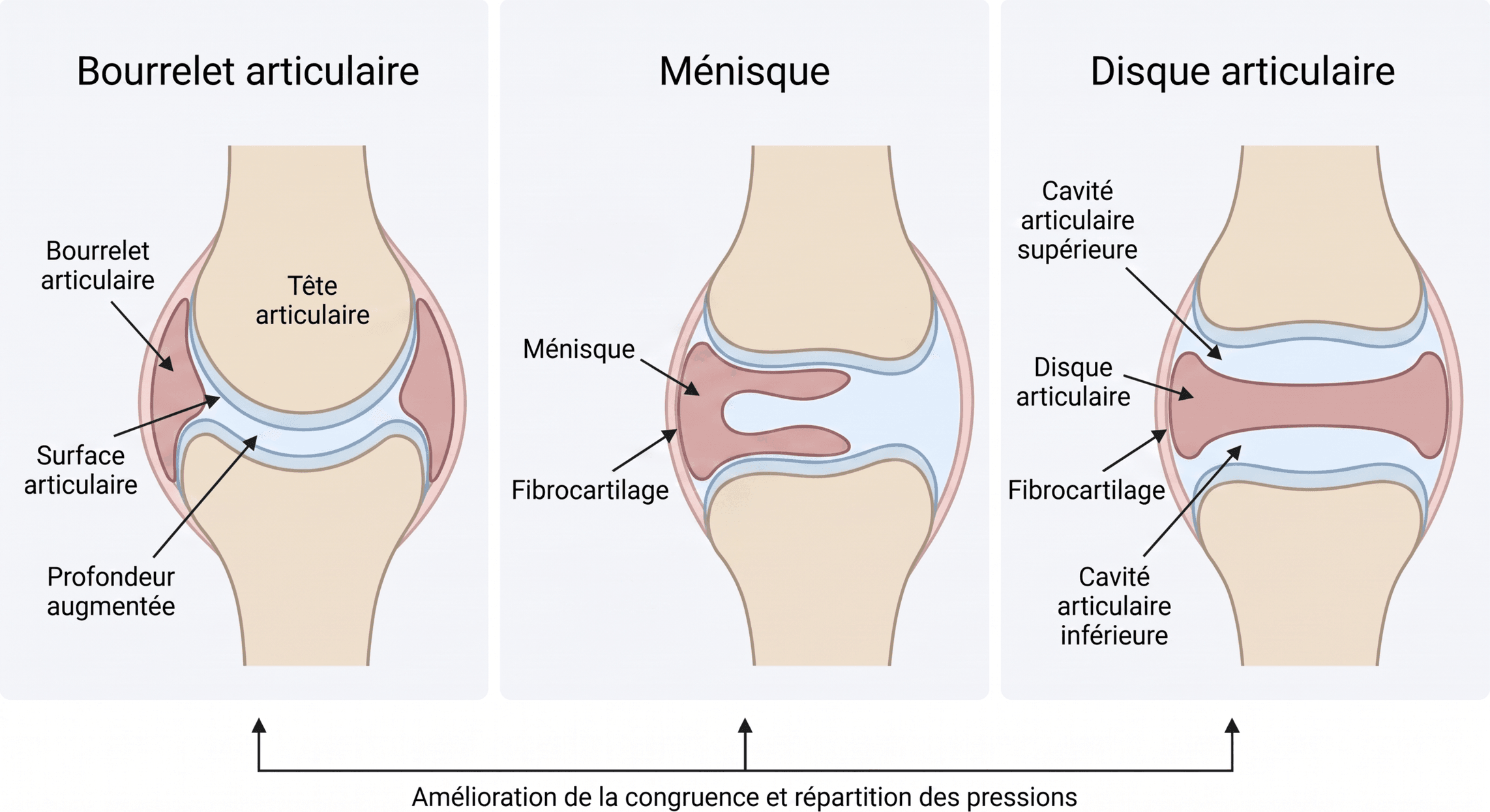 Trois organisations de fibrocartilage articulaire