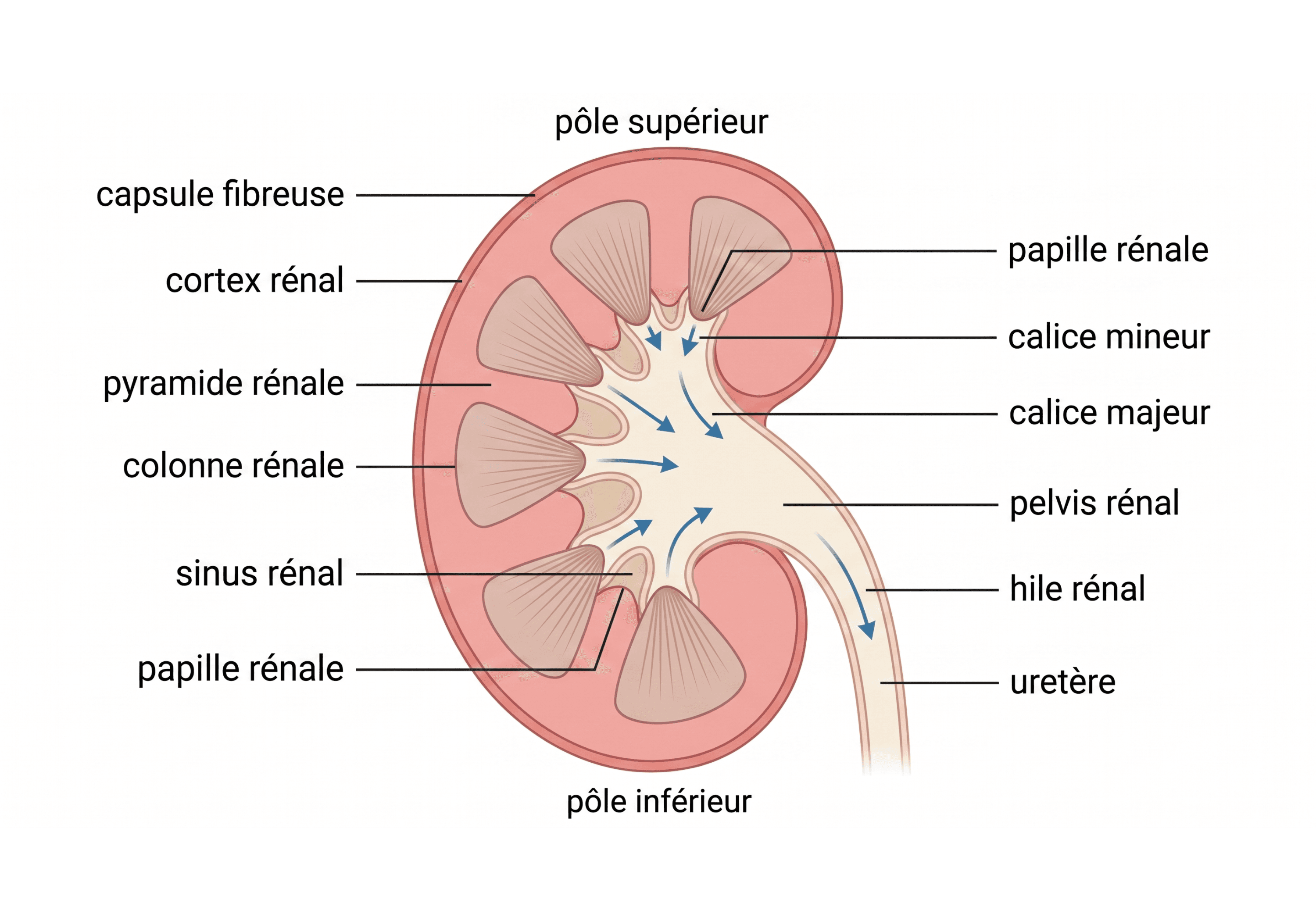 Coupe du rein et convergence des voies excrétrices