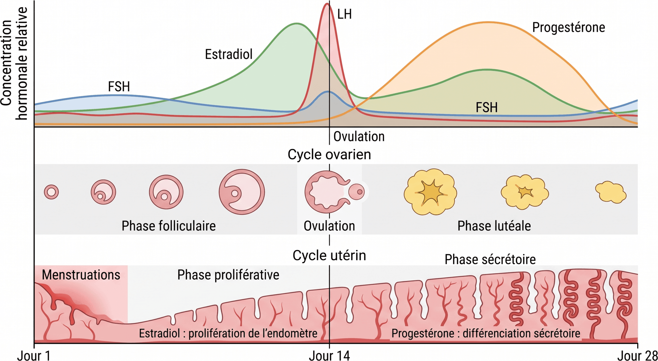 Synchronisation des hormones, du cycle ovarien et du cycle utérin