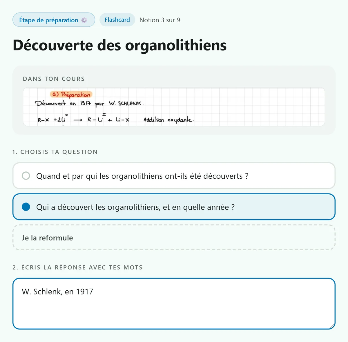 L'étape de préparation : le passage du cours, deux questions proposées, l'une choisie, et la réponse écrite avec ses mots.