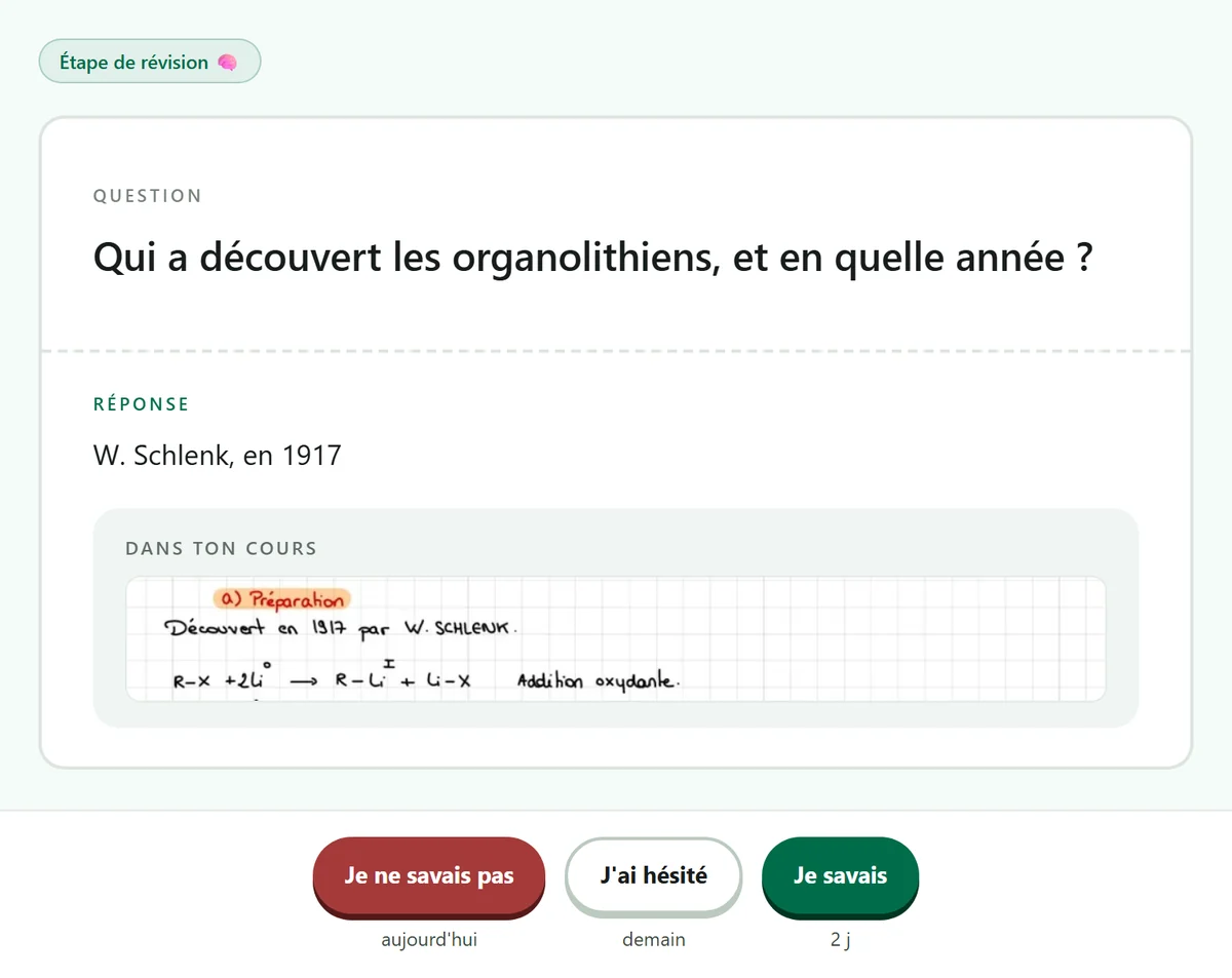 Une flashcard retournée, avec les boutons Je ne savais pas, J'ai hésité et Je savais, et la date de retour sous chacun.